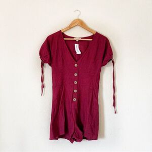 LA Hearts Burgundy Red Linen Blend Tie Short Sleeve Button Romper Women Size XS